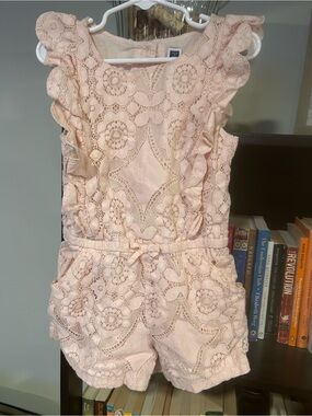 Janie and Jack Blush Pink Lace Romper with Ruffle Shoulders